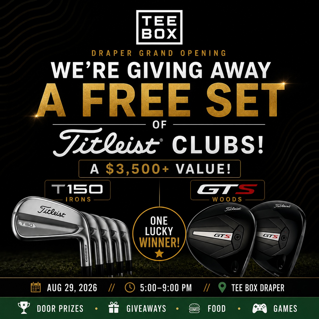 🚨 WIN A FREE SET OF TITLEIST CLUBS! 🚨

We&rsquo;re celebrating the TEE BOX DRAPER GRAND OPENING in a BIG way. ⛳🔥

One lucky winner will take home an incredible set of Titleist clubs featuring T150 irons + GTS woods! 🏆

📅 Saturday, August 29
⏰ 5:00&ndash;9:00 PM
📍 Tee Box Draper
74 E 13065 S, Unit 2, Draper

Come hang out with us for:

🎁 Giveaways + door prizes
🍔 Food
🎯 Games
⛳ Golf
💪 Fitness + recovery
🔥 Sauna + cold plunge

Bring your friends, tour the new facility, hit some balls and see everything Tee Box Draper has to offer!

And yes&hellip; someone is going home with those Titleists. 👀⛳

👉 Tag the person who NEEDS a new set of clubs!

