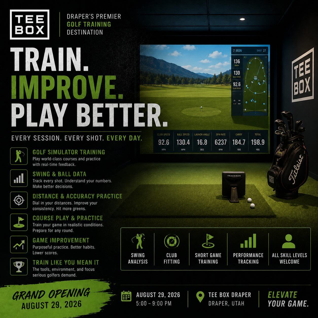 YOUR GAME. YOUR TRAINING. YOUR NEXT LEVEL. ⛳️🔥
Welcome to Tee Box Draper &mdash; a place built for golfers who want to practice with purpose and play better golf.
Whether you&rsquo;re working on your swing, dialing in your distances, preparing for your next round, or simply putting in the reps, Tee Box Draper gives you the tools to train smarter.
🏌️&zwj;♂️ Golf Simulator Training
📊 Swing & Ball Data
🎯 Distance & Accuracy Practice
⛳ Course Play & Practice
🔥 Game Improvement
🏆 Train Like You Mean It
Draper&rsquo;s new destination for golfers who are serious about getting better.
📅 Grand Opening &mdash; August 29, 2026
📍 Tee Box Draper
Stop practicing. Start training. Elevate your game.
GolfSimulator GolfPractice TrainToPlay GolfPerformance GetBetterAtGolf GolfLife