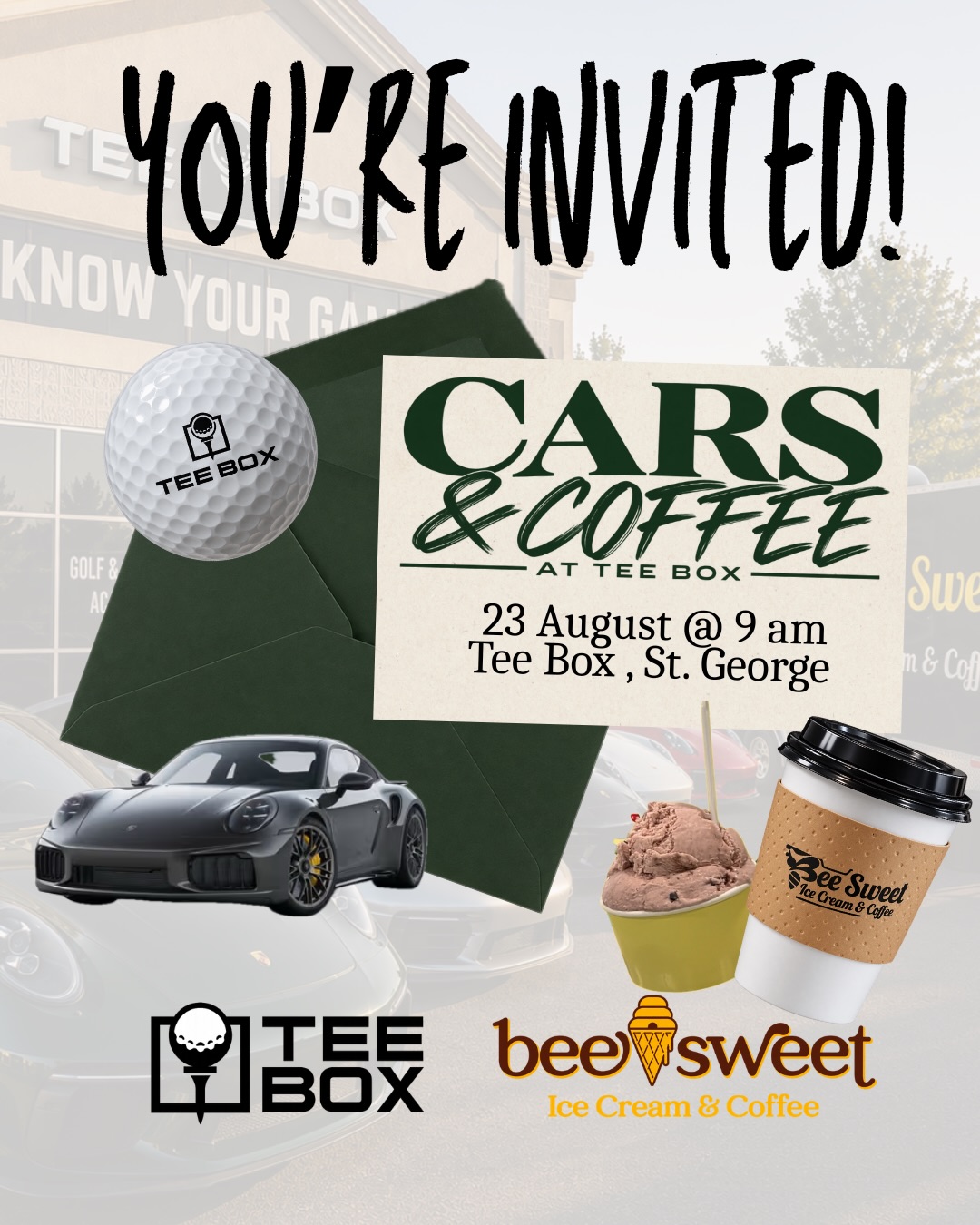 🚗☕️ CARS & COFFEE AT TEE BOX ☕️🚗

Mark your calendars &mdash; August 23 at 9 AM! We&rsquo;re filling the Tee Box parking lot with cars, coffee, golf & a little friendly competition. 🏁⛳️

Come hang out, check out some sick cars, and head inside Tee Box to compete in our Long Drive + Closest to the Pin contests! We&rsquo;ll also have a raffle giveaway you won&rsquo;t want to miss. 👀🏆

☕️ @beesweet.utah will be parked outside serving up all the good stuff &mdash; coffee, lattes, espresso, affogatos, milkshakes & more!

And we want to FILL. THE. PARKING. LOT. 🚘🔥 Bring your car, bring your friends, and SHARE this post with anyone who needs to be there!

📍 Tee Box: 476 E. Riverside Dr. St.George, UT
📅 August 23
⏰ 9:00 AM

We can&rsquo;t wait to see everyone there. Let&rsquo;s fill the lot! 🚗☕️⛳️