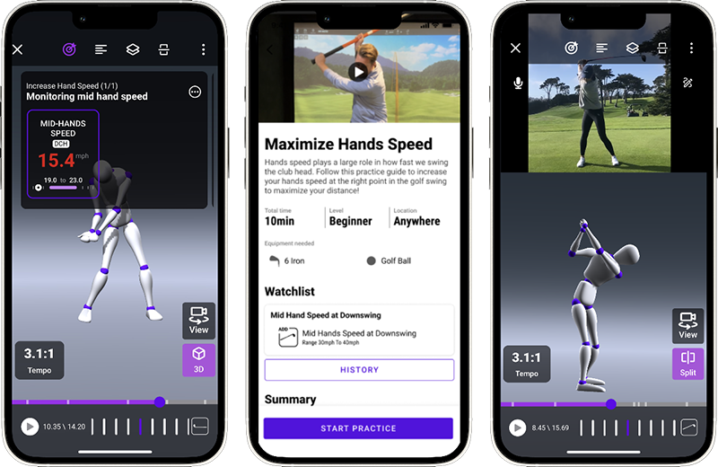 An image of a training app with swing anaylisis that golfers can use to practice with Tee Box.